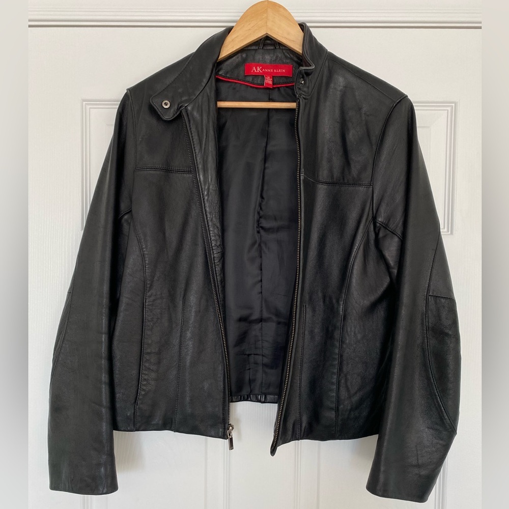Anne Klein black leather moto jacket Size medium